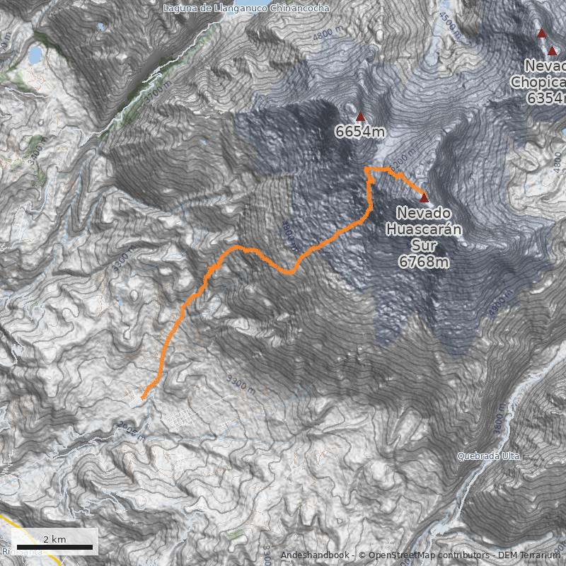 Mapa Huascarán Sur, ruta Normal