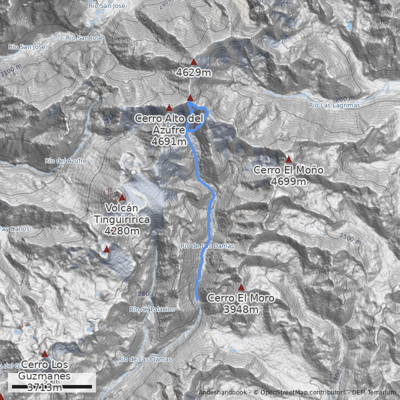 Mapa Cara Sur Vía Cajón de Pincheira a Cumbre Sur