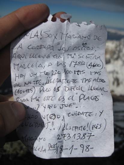 Testimonio encontrado en la Cumbre Sur del Co. Placas