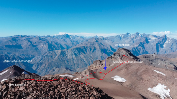 Punto de intersección de la ruta entre los cerros Duende, Mirador del Manantiales y Sesquicentenario