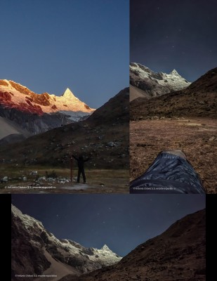 Alpamayo en ocaso y de nocheFoto: 12En la foto derecha superior del collage, se aprecia en primer plano el saco de dormir. Altamente recomendado hacer la travesía con vivacs, para apreciar el espectáculo nocturno. Antonio Chávez S.S.