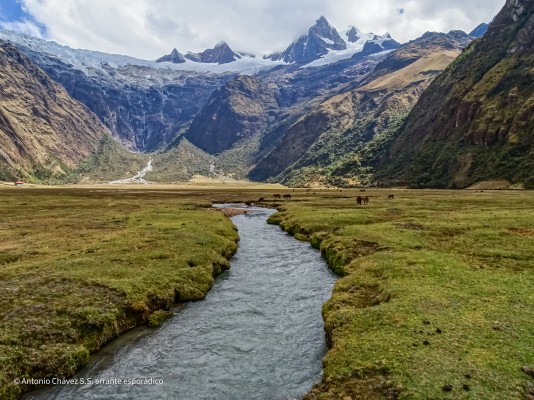 Quebrada JancapampaFoto: 22Fin de la travesía. Entre nubes, algo se dejan ver las cumbres PucajircaAntonio Chávez S.S.
