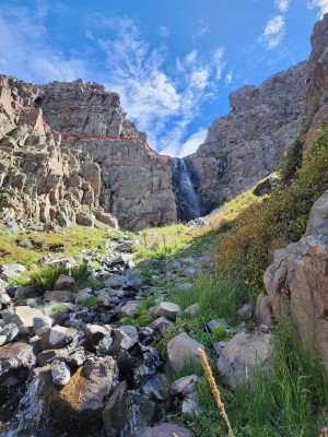 CascadaFoto: 9En la foto se ve la cascada y como debe sortearse por el pasadizo marcado por la línea roja.Benjamin Villaleiva