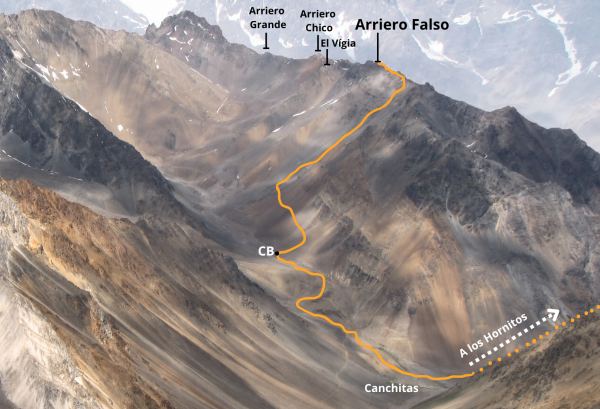Ruta vista desde el cerro GemelosFoto: 1Ruta trazada donde se ve gran parte desde la aproximación y el ascenso desde cajón de Navarro Dirección: SuroesteDavid Valdés