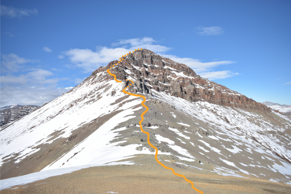 Ruta por el filo Foto: 13Ruta referencial, una vez avanzado se debe tomar ladera de izquierda para hacer último paso a cumbre Dirección: SurSimón Olfos